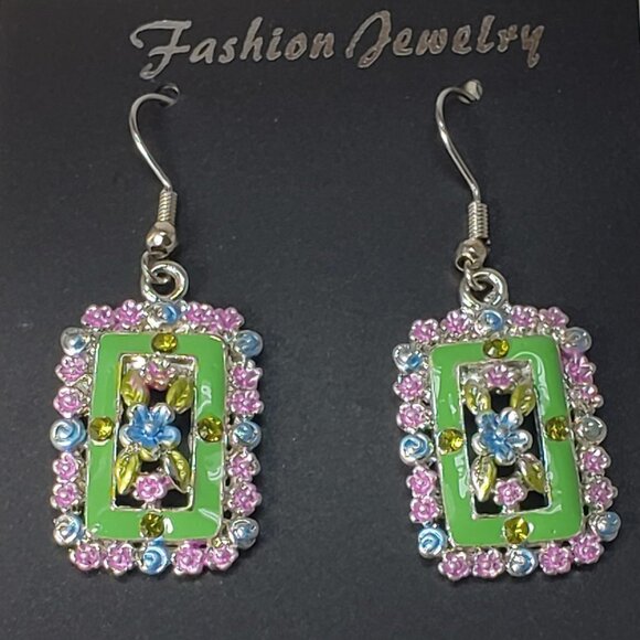 Multicolor Crystal Floral Drop Earrings – Silver-Tone Fashion Jewelry - 2-inch - Picture 3 of 7
